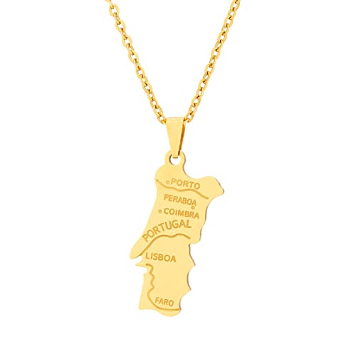 Cernomal Collier Pendentif Carte du Portugal - Colliers De Chaîne De Charme pour Femmes Hommes Chaîne De Clavicule Ethnique Collier De Pull Patriotique Solide Hip Hop, Jaune, Long: 50 Cm