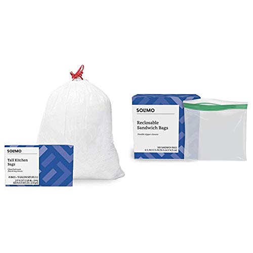 Amazon Brand - Solimo Tall Kitchen Drawstring Trash Bags, Clean Fresh Scent, 13 Gallon, 45 Count & Solimo Sandwich Storage Bags, 300 Count