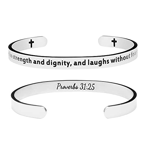 Bracelets for Christians Inspirational Cuff Bangle Birthday Jewelry Gift Silver Engraved She is Clothed in Strengh and Dignity and Laughs Without Fear of the Future
