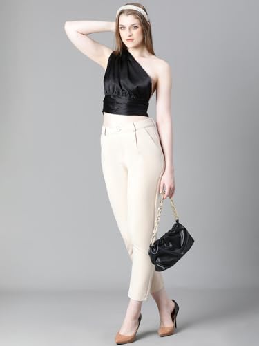 Image of oxolloxo Women Solid Elasticated One-Off Shoulder Satin Crop Top