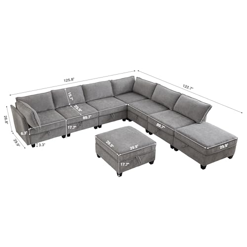 Image of ORRD Oversize Corner Modular Sectional Sofa Set, Convertible L Shaped Couch with Storage, 8 Seater Sofa Modular with Ottomans and Reversible Chaise for Living Room, Office (Grey)