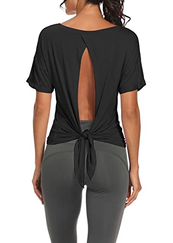 Bestisun Open Back Workout Tops Backless Shirts Athletic Tops Gym Summer Clothes For Women Black M #TOP3
