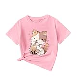 KEEVICI Cute Cat Shirts for Girls Graphic Tees Bubble Tea Tshirt Kids Kawaii Cartoon Animal Print T Shirt Summer Cotton Tops(Pink,130)