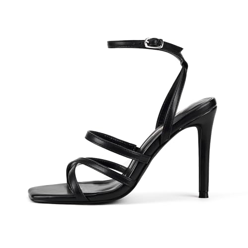 Image of Elisabet Tang Women's Crystal Stilettos Heeled Sandals, 4 Inch Square Open Toe Strappy Sexy High Heels Ankle Strap Buckle Heels for Party Wedding Dress Daily Wear Shoes