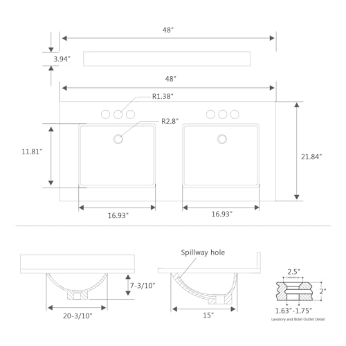 EQLOO 48\"x22\" Vanity Top with Sink, Engineered Stone Vanity Top with Rectangular Undermount Ceramic Double Sink, 8 Inch Faucet Hole Spacing with Backsplash Countertops for Bathroom