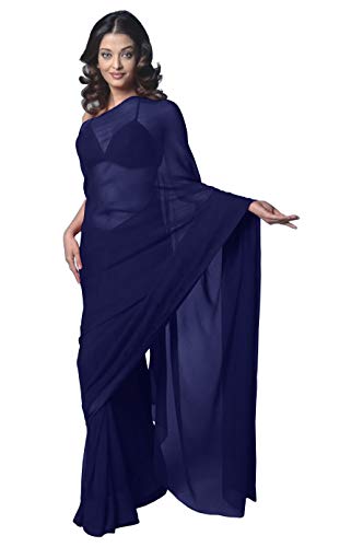 themilestocks Women's Bollywood Chiffon Plain Sari Festival Uniform Saree Wrap Fabric Unstitched Blouse Piece Party Wear (Navy Blue),One Size