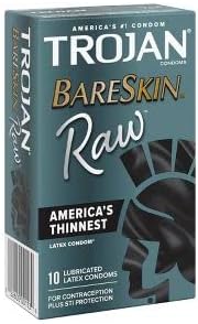 Paquete de condones Trojan Bareskin RAW con una elegante funda de bolsillo plateada, condones de látex más delgados de Estados Unidos, 10 unidades