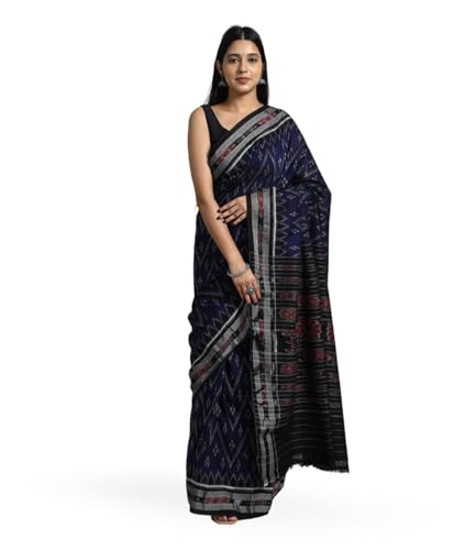 Image of ODISHAHANDLOOM Sambalpuri Pure Cotton Handloom Saree, Traditional Ikat Pattern, Red and Green, Without Blouse