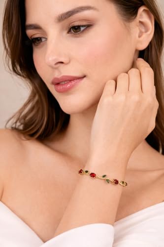 Image of Trendy Tulip Bracelet for Women | Gold Plated Pink Crystal Floral Bracelet | Elegant Minimalist Jewelry | Adjustable Chain Bracelet Gift for Girls Women | Stylish Party Daily Wear Accessory