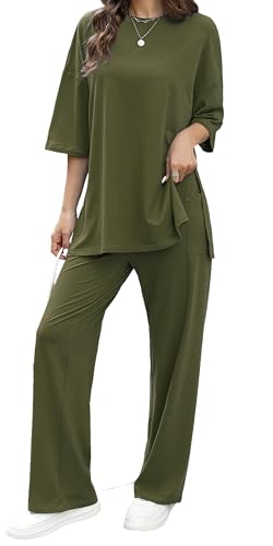Womens 2 Piece Outfits Short Sleeve Set Wide Leg Pants Casual Trendy Pullover Lounge Set