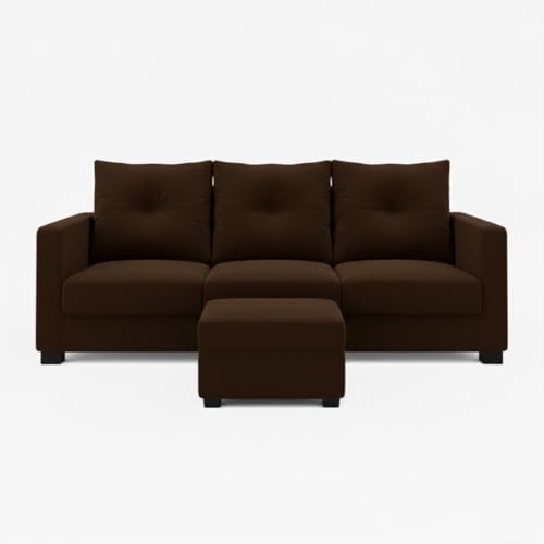 Image of FURNY Amonster 4 Seater L Shape Sofa Set with Movable Ottoman | Flexible Left or Right Layout | Plush Velvet Fabric (Dark Brown) | Perfect for Living Room, Guest Room & Office