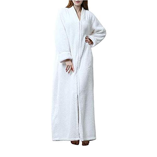 Kinloy Robe de chambre d'hiver longue gaufrée pour femmes personnalisée en polaire douce avec fermeture éclair chaude légère peignoir robe de nuit Blanc M...