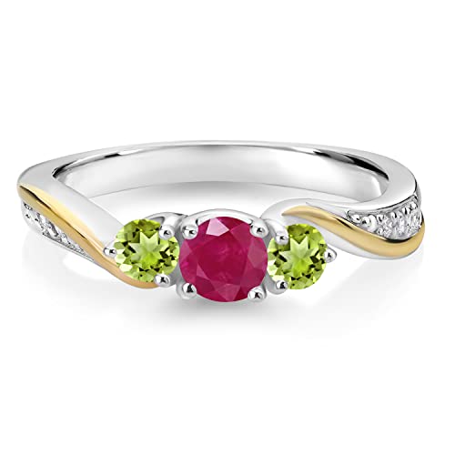 925 Sterling Silver and 10K Yellow Gold Red Ruby Green Peridot and White Lab Grown Diamond 3 Stone Engagement Ring For Women (0.62 Cttw, Gemstone July Birthstone, Available In Size 5, 6, 7, 8, 9)2