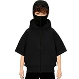 Guqmjde Jacke Kurzarm Jungen mit Gesichtsmaske Sommer Kleidung Coole Oberteil Casual Kinderkleidung Freizeit Hoodie Einfarbig Freizeitjacke Kinder Oberteile Schwarz 160