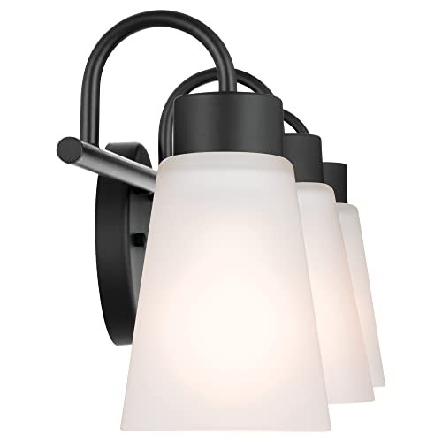 Image of Kichler Erma 3-Light Bathroom Vanity Light Fixture with Satin Etched Glass Shades, Modern Traditional Wall Mount Lighting in Black for over Mirror (23 x 8.5 x 6 in), 45887BK