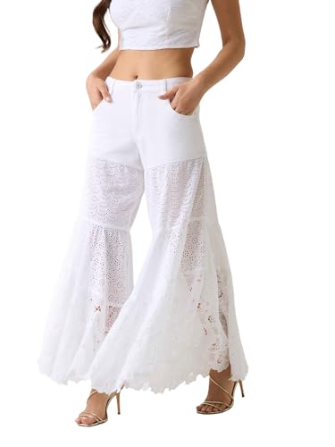 Jean en dentelle à jambe large pantalon denim évasé bleu taille haute