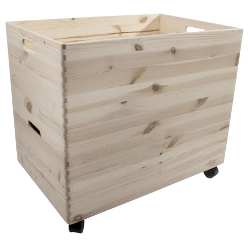 WooDeeDoo 2-Tier Extra-Large Deep Wooden Storage Boxes with Wheels – Stackable Open Crate Chest Bin System for Home Office Toy Tool Organisation – Natural Unfinished Wood – 59.5 x 39.5 x 51.5 cm