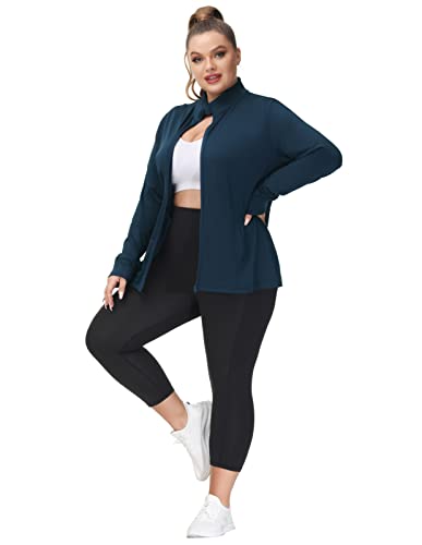 Hanna Nikole Women's Long Sleeve Workout Track Tops Lightweight Running Jacket With Pockets Blue 3X #TOP2