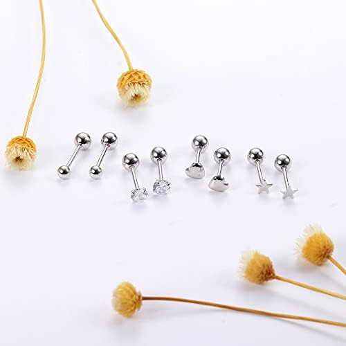LOLIAS 4 Pairs Solid 925 Sterling Sliver Stud Earrings Set for Women Men Tiny Small Ball Heart Star Cubic Zirconia Earrings Hypoallergenic Cartilage Helix Ear Piercing Earrings