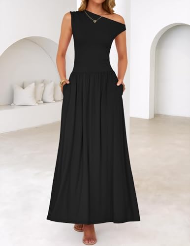 ZESICA Women's Summer 2025 Sleeveless Maxi Dress One Shoulder Casual Slim Swing Pleated Formal Dresses with Pockets2