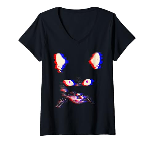 Womens Trippy Psychedelic Cat Vaporwave Aesthetic Grunge Punk Art V-Neck T-Shirt