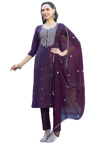 Image of GoSriKi Women's Cotton Blend Embroidered Kurta Set with Pant & Dupatta - Straight Calf‑Length, 3 /4 Sleeve, Round Neck - Elegant Ethnic Attire (5 Colors, S-5XL)