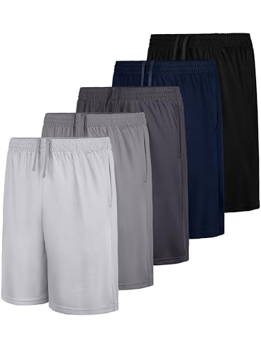 QWE 5-Pack Boys Athletic Shorts Pockets, Dry-Fit Basketball
