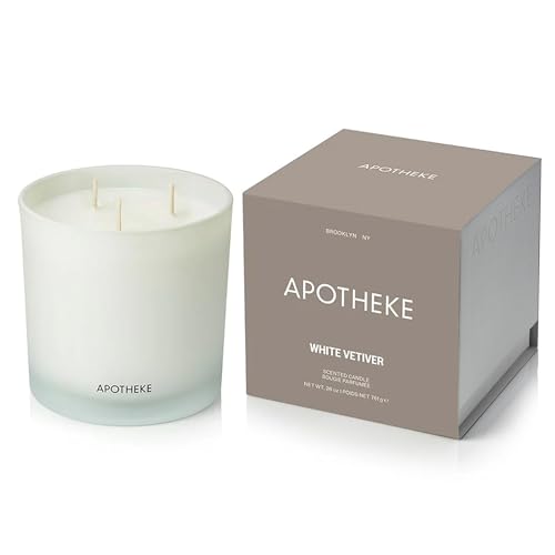 Image of APOTHEKE Luxury Scented 3-Wick Jar Candle, White Vetiver, 32 oz - Large - Eucalyptus, Lilac, Vetiver, Amber & Cedarwood Scent, Strong Fragrance, Aromatherapy, Long Lasting, Hand Poured in USA