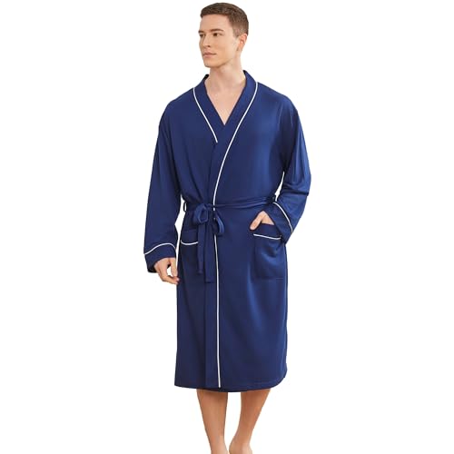 Mens Lightweight Robe, Knit Kimono Bathrobe Spa Sleepwear Soft Knee Length Robe With Pockets
