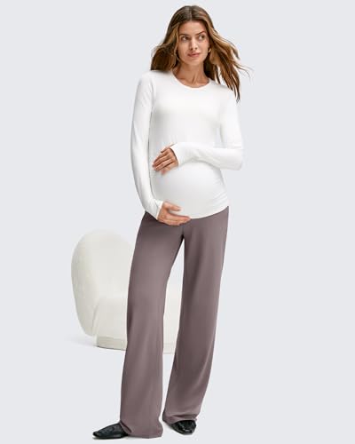 Image of G4Free BareFeel Maternity Pants Over the Belly Pregnancy Trousers for Work | High Waist Coverage,Two Side Pockets,Wide Leg Design,Soft Knit Fabric,for Dress Casual Yoga