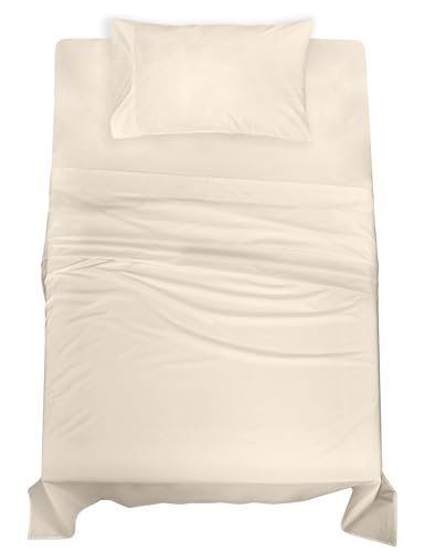 Image of ROYALE LINENS 100% Organic Cotton Twin XL Sheet Set - Percale Weave - 3 Pieces Set - 1 Flat, 1 Deep Pocket Fitted Sheet and 1 Pillowcases - Cream Bed Sheets - Sabanas Twin XL - Crisp Cool (Cream)