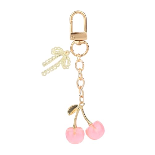 lasuroa Cherry Keychain, Gold Key Ring Chain with Bow Pendant Aesthetic Cute Cherry Charm Keyring Accessories for Bags, Wallets Purses Car Keys Chain (Gold, Transparent Pink)