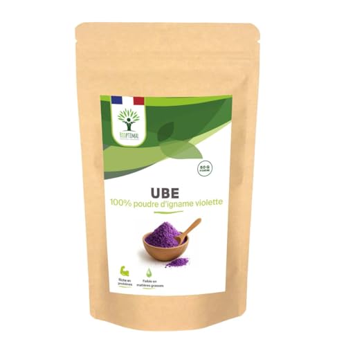 BIOPTIMAL - Ube - Poudre d'Igname Violet - Ingrédient Colorant Alimentaire pour Latte Dessert Pâtisserie Glace - Vegan Sans Gluten Ni Caféine - Contrôlé et Conditionné en France - USDA - 50g