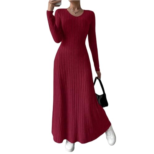 Damen Winterkleid Lang Elegant Strickkleid Damen Winter Curvy A Linie Warm Pulloverkleid Winter V Ausschnitt Geripptes Kleid Langarm Herbstkleid Maxi...