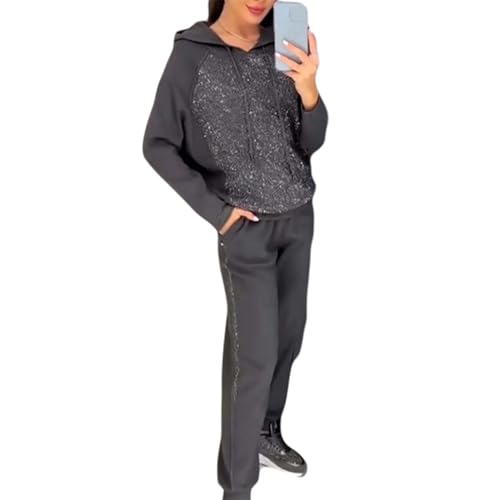 Women's Hooded Sweatshirt and Cuffed Jogger Pants 2 Piece Set,Shiny