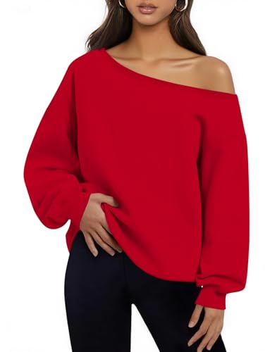 Womens Long Sleeve Tops Cute One Shoulder Sweatshirts Fall Casual Hoodies Sexy Off The Shoulder Shirts Pullover Top Red,L