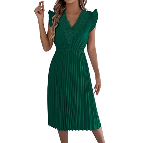 Generico Vestido de verano para mujer, elegante de encaje corto, vestido de cuello en V, ropa para el tiempo libre para mujer, vestido para fiestas, bodas, ceremonias, noches de noche, falda plisada