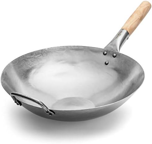 Carbon Steel Pow Wok Pan Authentic Hand Hammered 14 inch Flat Bottom by Gold Tulip - Wooden and Helper Handle - Sturdy - Suitable for Gas Stove Only Ideal to Cook Traditional Chinese Stir Fry Dishes