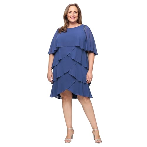 Image of S.L. Fashions Women's Plus Size Tiered Chiffon Cocktail Party Dress with Attached Cape & Beaded Shoulders