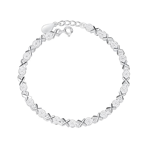 SUKKCCNO 925 Sterling Silver XO-Link Bracelet Hugs and Kisses Beaded Expandable Bangle Classic Bling Cubic Zirconia Tennis Bracelet Bangles for Women 6 to 7 in