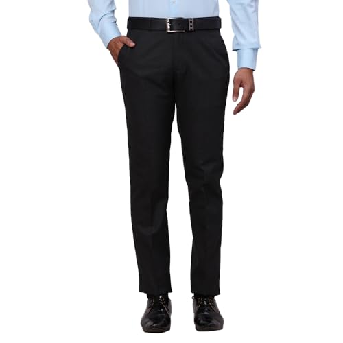Image of Raymond Men's Slim Fit Mid Rise Solid Pattern Polyester Viscose Blend Flat Front Trouser