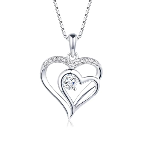 Loutade Kette Silber 925 Damen, 925 Sterling Silber Herz Halskette mit AAAAA Cubic Zirkonia, 45+5cm Silber Kette mit Forever Love Herz Anhänger, Halskette Geschenk für Frauen Freundin zum Geburtstag