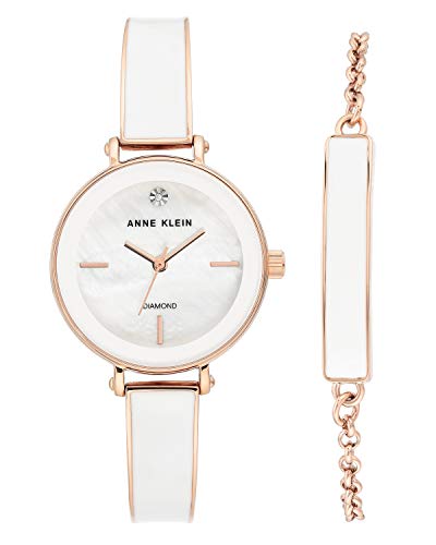 Anne Klein Women's Genuine Diamond Dial Rose Gold-Tone and White Bangle Watch with Bracelet Set, AK/3620WTST