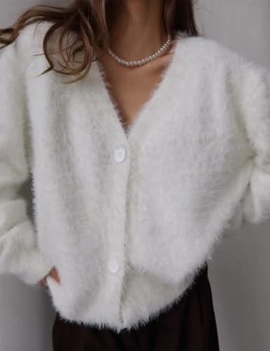 Image of COZYPOIN Womens Fuzzy Cardigan Sweater V Neck Button Down Soft Knit Coat | Loose, Comfy, Slouchy Drop Shoulder, Long Sleeve Fluffy Mohair, Warm, For Daily Work Holiday, Spring Fall Winter Fashion