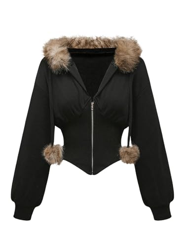 Verdusa Women's Zip Up Drawstring Hooded Jacket Faux Fur Asymmetrical Hoodie Sweatshirt