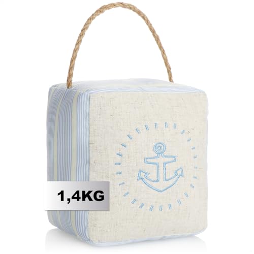 COM-FOUR® Türstopper mit Griff, 1,4 kg schwerer Türhalter, Stofftürstopper, funktionelles Wohnaccessoire, Stopper für Fenster und Türen, optimal bei Durchzug (Eckig - hellblau + beige)