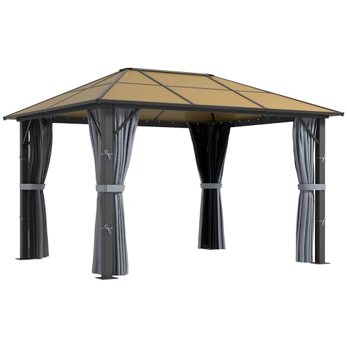 Outsunny 3 x 3.6m Hardtop Gazebo Canopy with Polycarbonate Roof, Aluminium Frame, Permanent Pavilion Garden Gazebo with Netting and Curtains - Grey