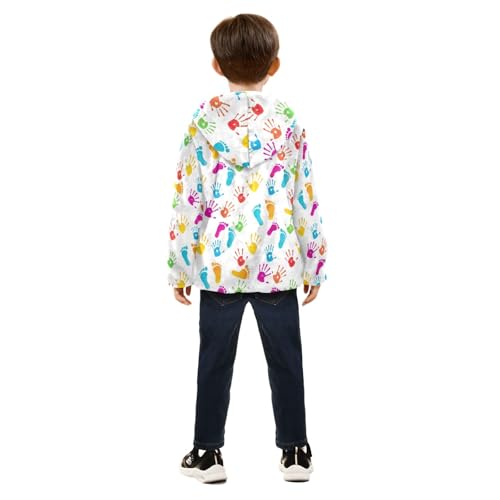 CHIFIGNO Colorful Handprints Footprints Kids Polar Fleece Lined Sweatshirt Jacket, Winter Jacket for Boys with Hooded 3T4