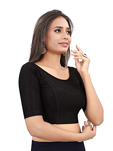 Round Neck dobbyCotton Lycra Stretchable Elbow Sleeve Readymade Blouse for Women3