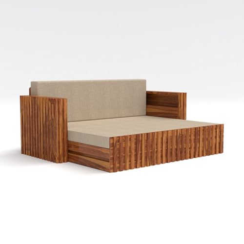 Image of Kunjal Furniture Solid Sheesham Wood Sofa Cum Bed with Storage for Living Room | Natural Finish | 3-Seater Convertible Sofa Bed | Handmade Wooden Furniture (Natural, American)